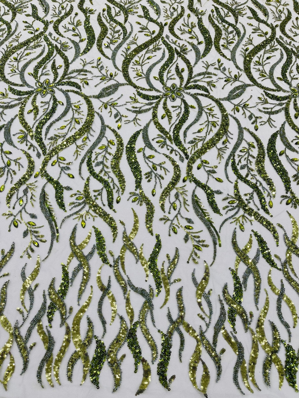 Jewel Vine Beaded Lace Polyester Fabric - Hand Beaded Vine Pattern, 54" Width (1 Yard)