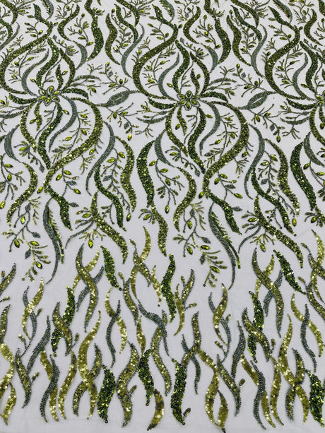 Jewel Vine Beaded Lace Polyester Fabric - Hand Beaded Vine Pattern, 54" Width (1 Yard)
