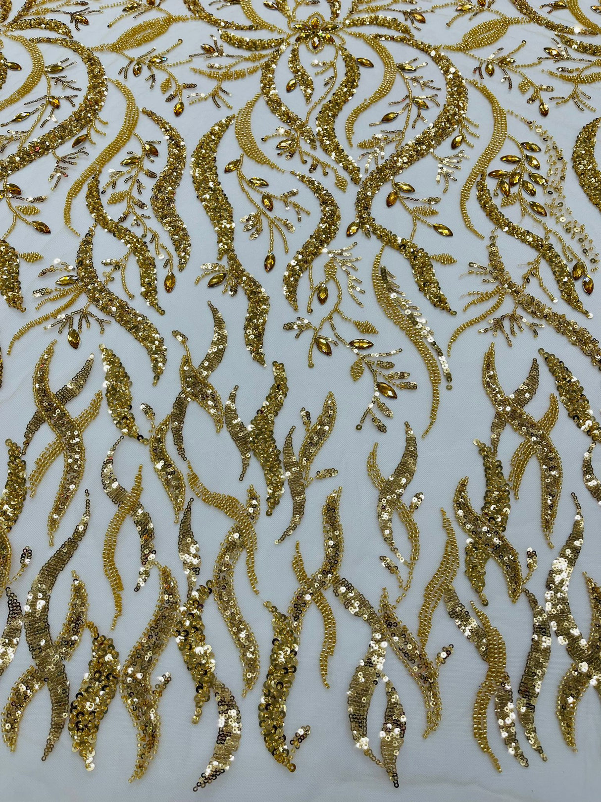 Jewel Vine Beaded Lace Polyester Fabric - Hand Beaded Vine Pattern, 54" Width (1 Yard)