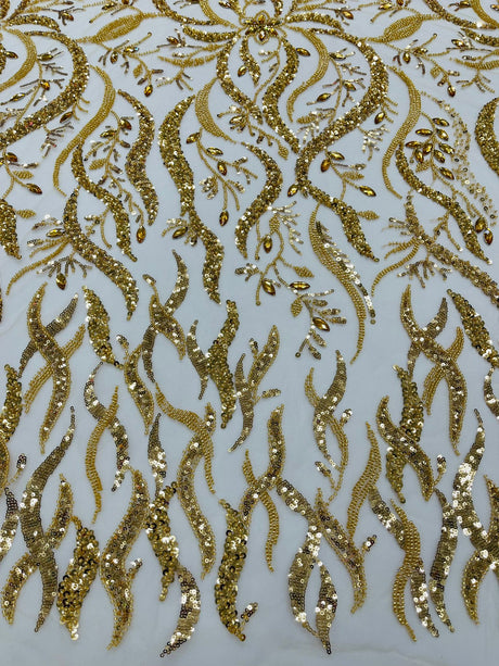 Jewel Vine Beaded Lace Polyester Fabric - Hand Beaded Vine Pattern, 54" Width (1 Yard)