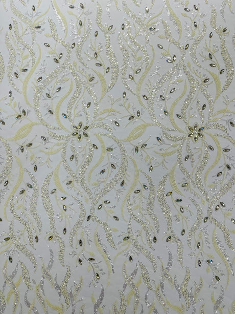 Jewel Vine Beaded Lace Polyester Fabric - Hand Beaded Vine Pattern, 54" Width (1 Yard)