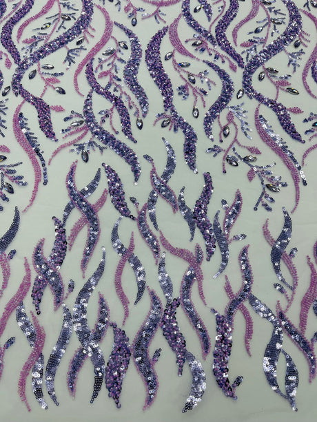Jewel Vine Beaded Lace Polyester Fabric - Hand Beaded Vine Pattern, 54" Width (1 Yard)