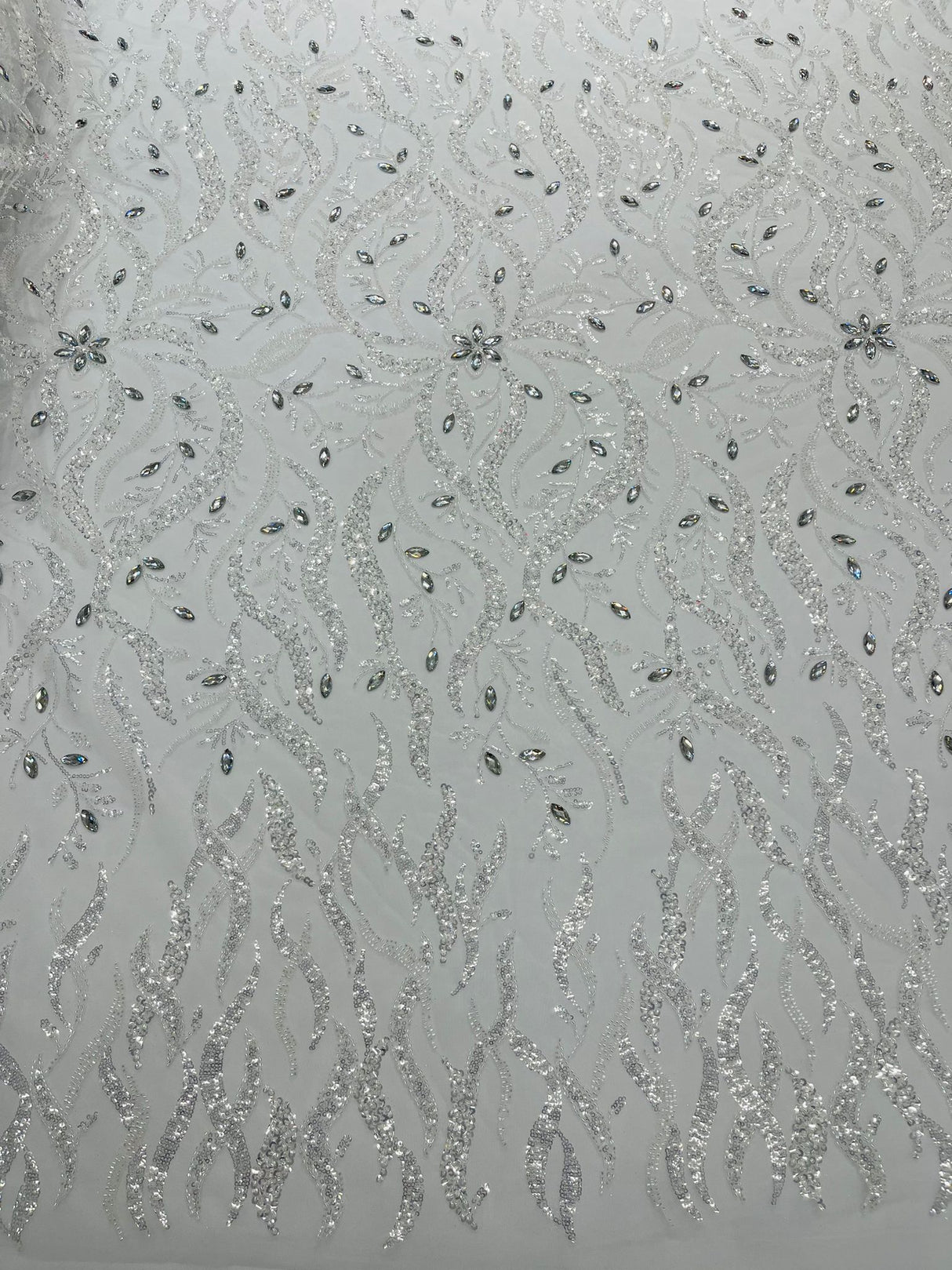 Jewel Vine Beaded Lace Polyester Fabric - Hand Beaded Vine Pattern, 54" Width (1 Yard)