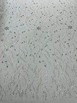 Jewel Vine Beaded Lace Polyester Fabric - Hand Beaded Vine Pattern, 54" Width (1 Yard)