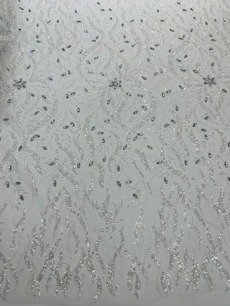 Jewel Vine Beaded Lace Polyester Fabric - Hand Beaded Vine Pattern, 54" Width (1 Yard)