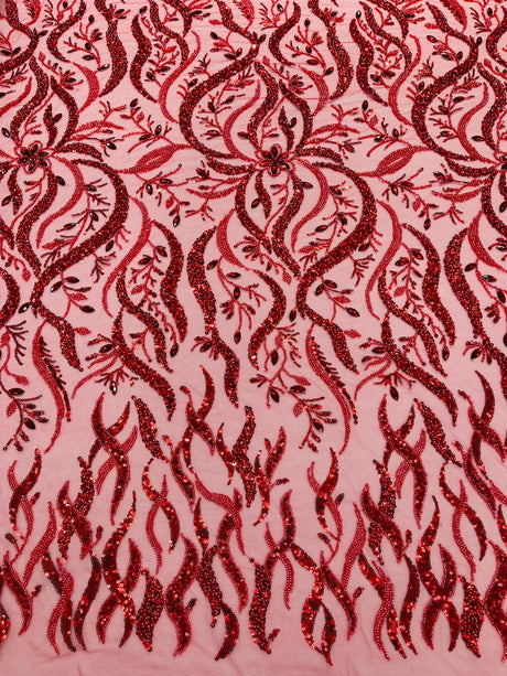 Jewel Vine Beaded Lace Polyester Fabric - Hand Beaded Vine Pattern, 54" Width (1 Yard)