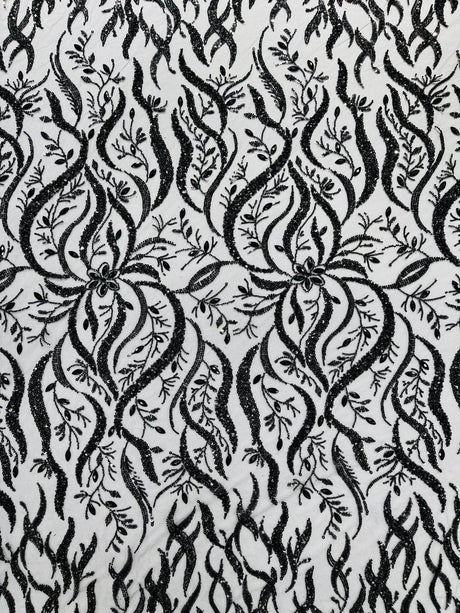 Jewel Vine Beaded Lace Polyester Fabric - Hand Beaded Vine Pattern, 54" Width (1 Yard)