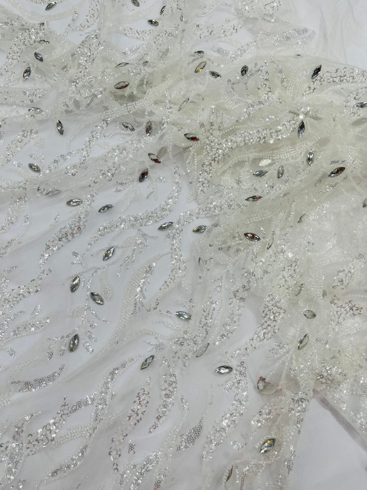 Jewel Vine Beaded Lace Polyester Fabric - Hand Beaded Vine Pattern, 54" Width (1 Yard)
