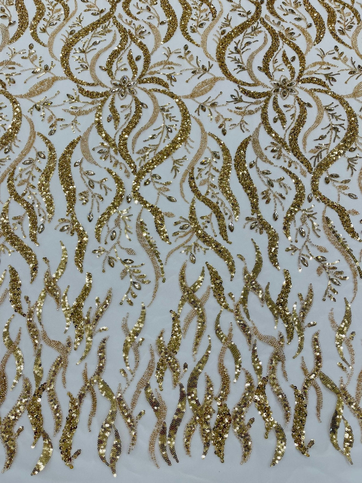 Jewel Vine Beaded Lace Polyester Fabric - Hand Beaded Vine Pattern, 54" Width (1 Yard)