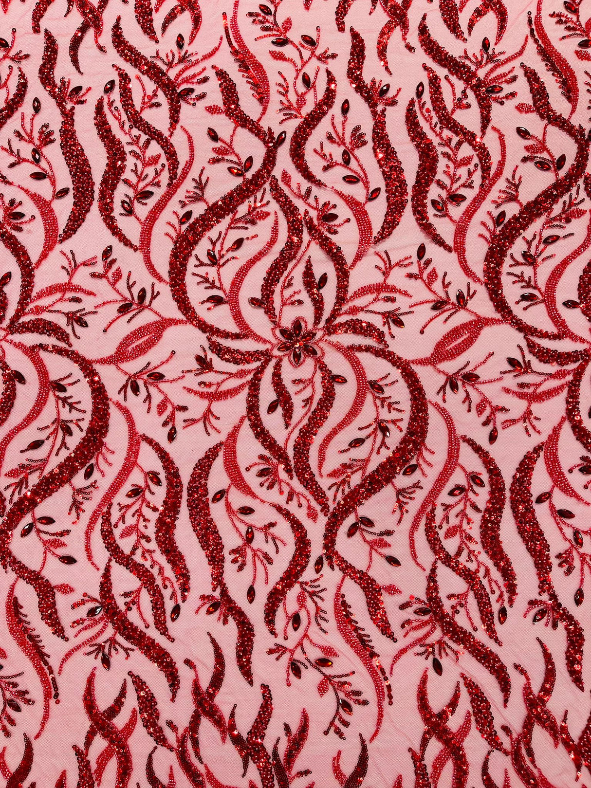 Jewel Vine Beaded Lace Polyester Fabric - Hand Beaded Vine Pattern, 54" Width (1 Yard)