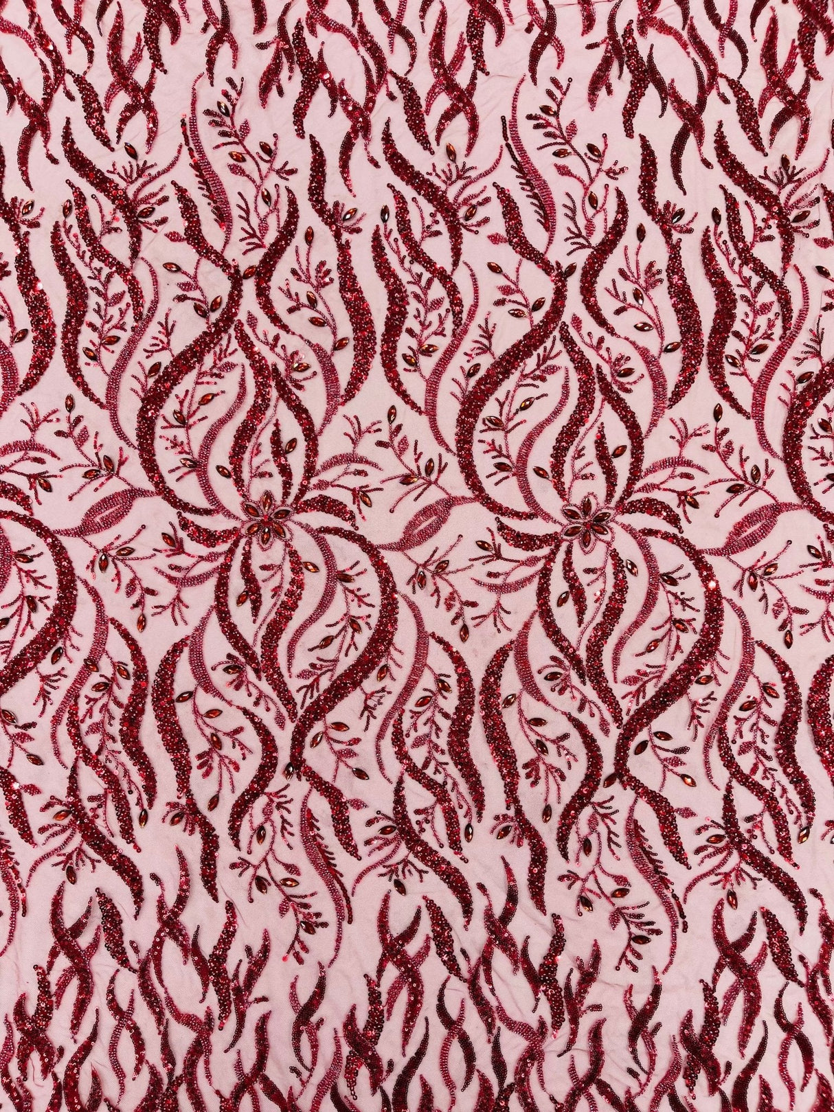 Jewel Vine Beaded Lace Polyester Fabric - Hand Beaded Vine Pattern, 54" Width (1 Yard)