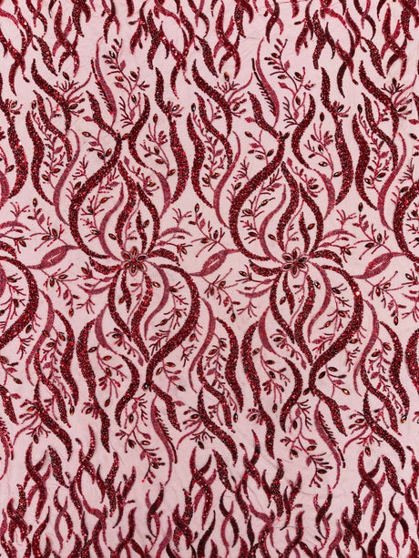 Jewel Vine Beaded Lace Polyester Fabric - Hand Beaded Vine Pattern, 54" Width (1 Yard)