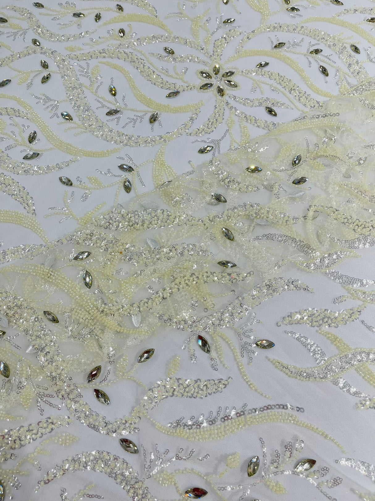 Jewel Vine Beaded Lace Polyester Fabric - Hand Beaded Vine Pattern, 54" Width (1 Yard)