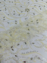 Jewel Vine Beaded Lace Polyester Fabric - Hand Beaded Vine Pattern, 54" Width (1 Yard)