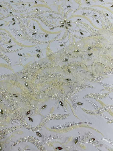 Jewel Vine Beaded Lace Polyester Fabric - Hand Beaded Vine Pattern, 54" Width (1 Yard)