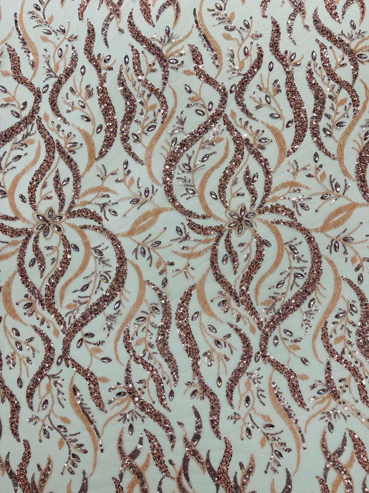 Jewel Vine Beaded Lace Polyester Fabric - Hand Beaded Vine Pattern, 54" Width (1 Yard)