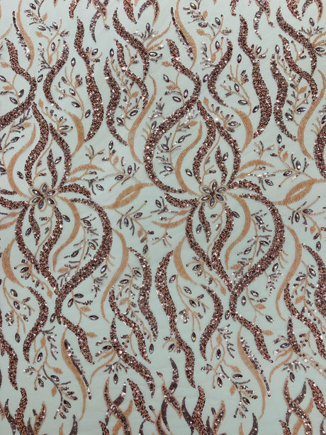 Jewel Vine Beaded Lace Polyester Fabric - Hand Beaded Vine Pattern, 54" Width (1 Yard)