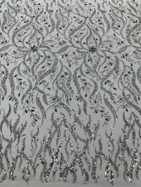 Jewel Vine Beaded Lace Polyester Fabric - Hand Beaded Vine Pattern, 54" Width (1 Yard)