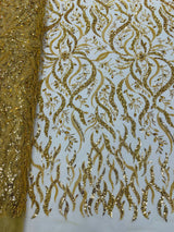 Jewel Vine Beaded Lace Polyester Fabric - Hand Beaded Vine Pattern, 54" Width (1 Yard)
