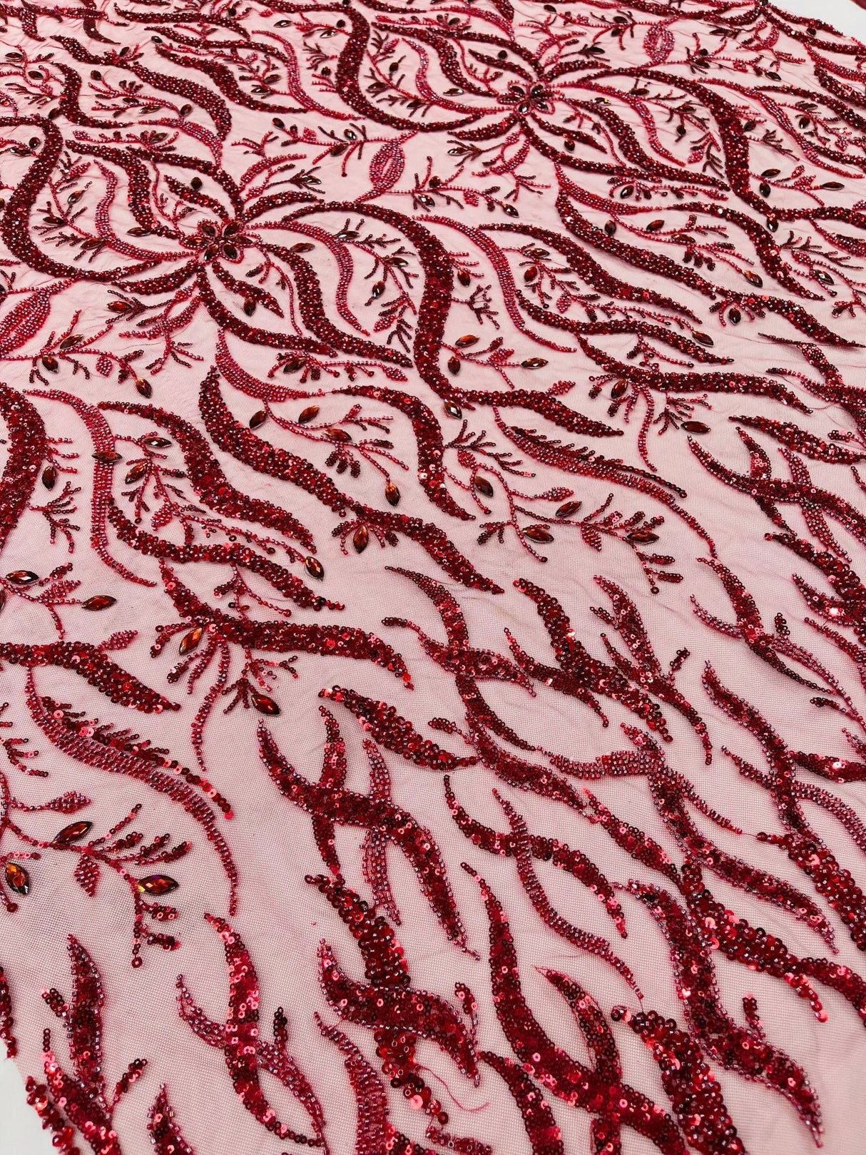 Jewel Vine Beaded Lace Polyester Fabric - Hand Beaded Vine Pattern, 54" Width (1 Yard)