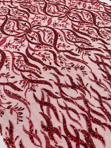 Jewel Vine Beaded Lace Polyester Fabric - Hand Beaded Vine Pattern, 54" Width (1 Yard)