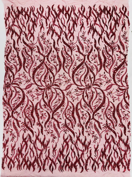 Jewel Vine Beaded Lace Polyester Fabric - Hand Beaded Vine Pattern, 54" Width (1 Yard)