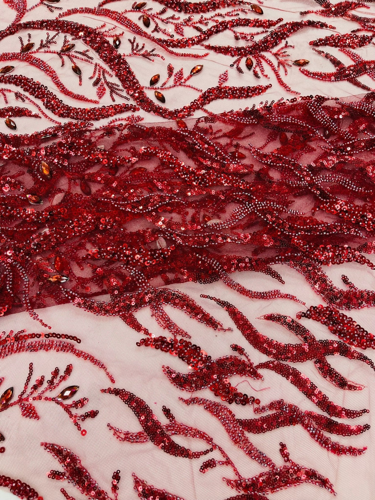 Jewel Vine Beaded Lace Polyester Fabric - Hand Beaded Vine Pattern, 54" Width (1 Yard)