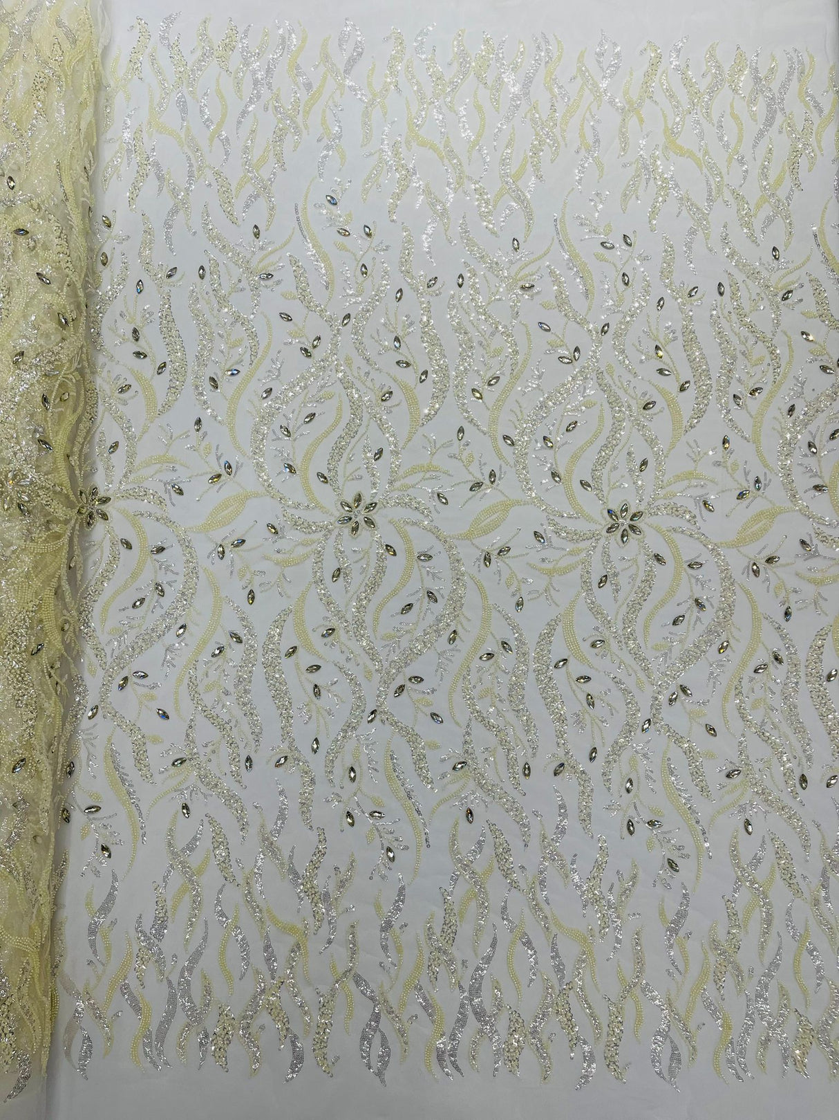Jewel Vine Beaded Lace Polyester Fabric - Hand Beaded Vine Pattern, 54" Width (1 Yard)