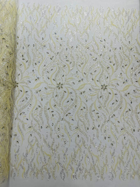 Jewel Vine Beaded Lace Polyester Fabric - Hand Beaded Vine Pattern, 54" Width (1 Yard)