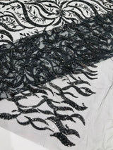 Jewel Vine Beaded Lace Polyester Fabric - Hand Beaded Vine Pattern, 54" Width (1 Yard)
