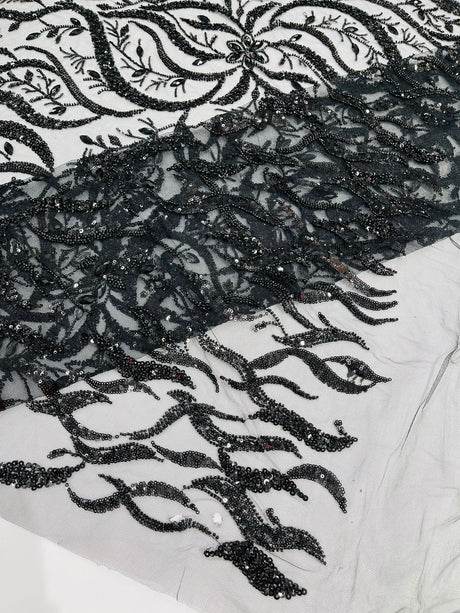 Jewel Vine Beaded Lace Polyester Fabric - Hand Beaded Vine Pattern, 54" Width (1 Yard)