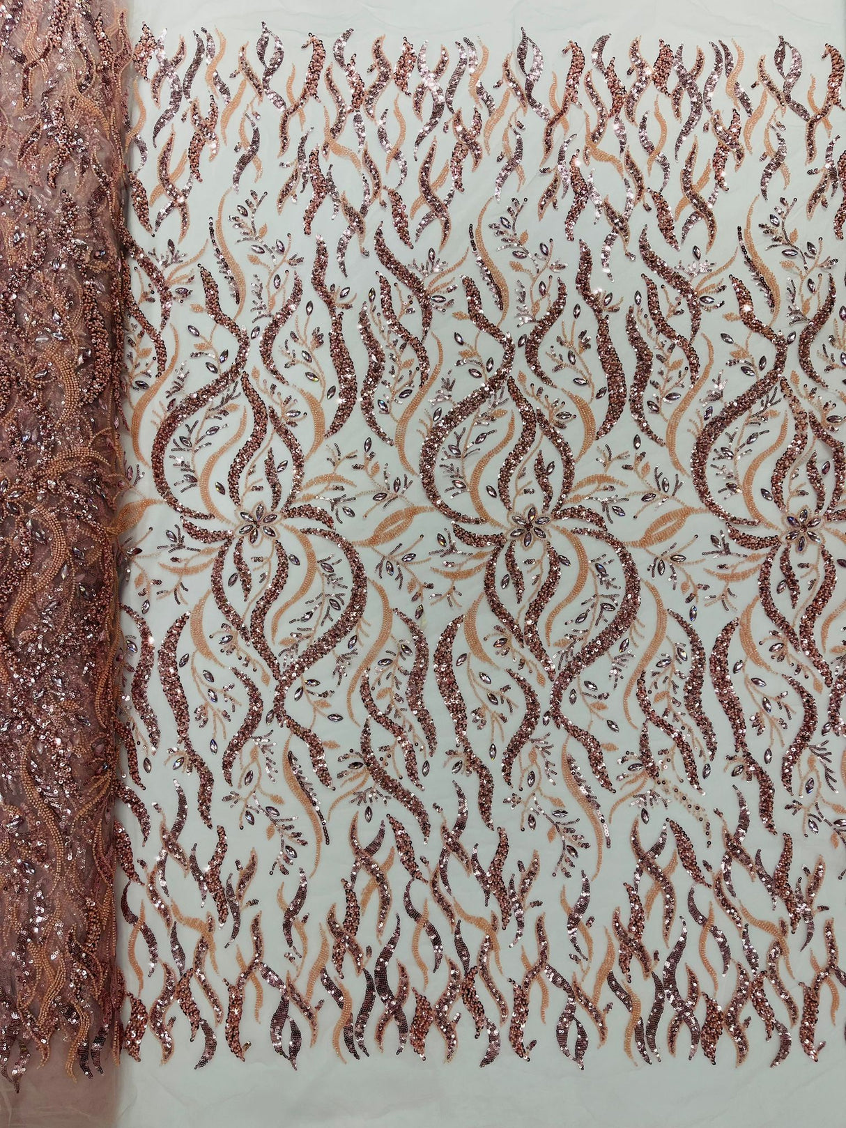 Jewel Vine Beaded Lace Polyester Fabric - Hand Beaded Vine Pattern, 54" Width (1 Yard)