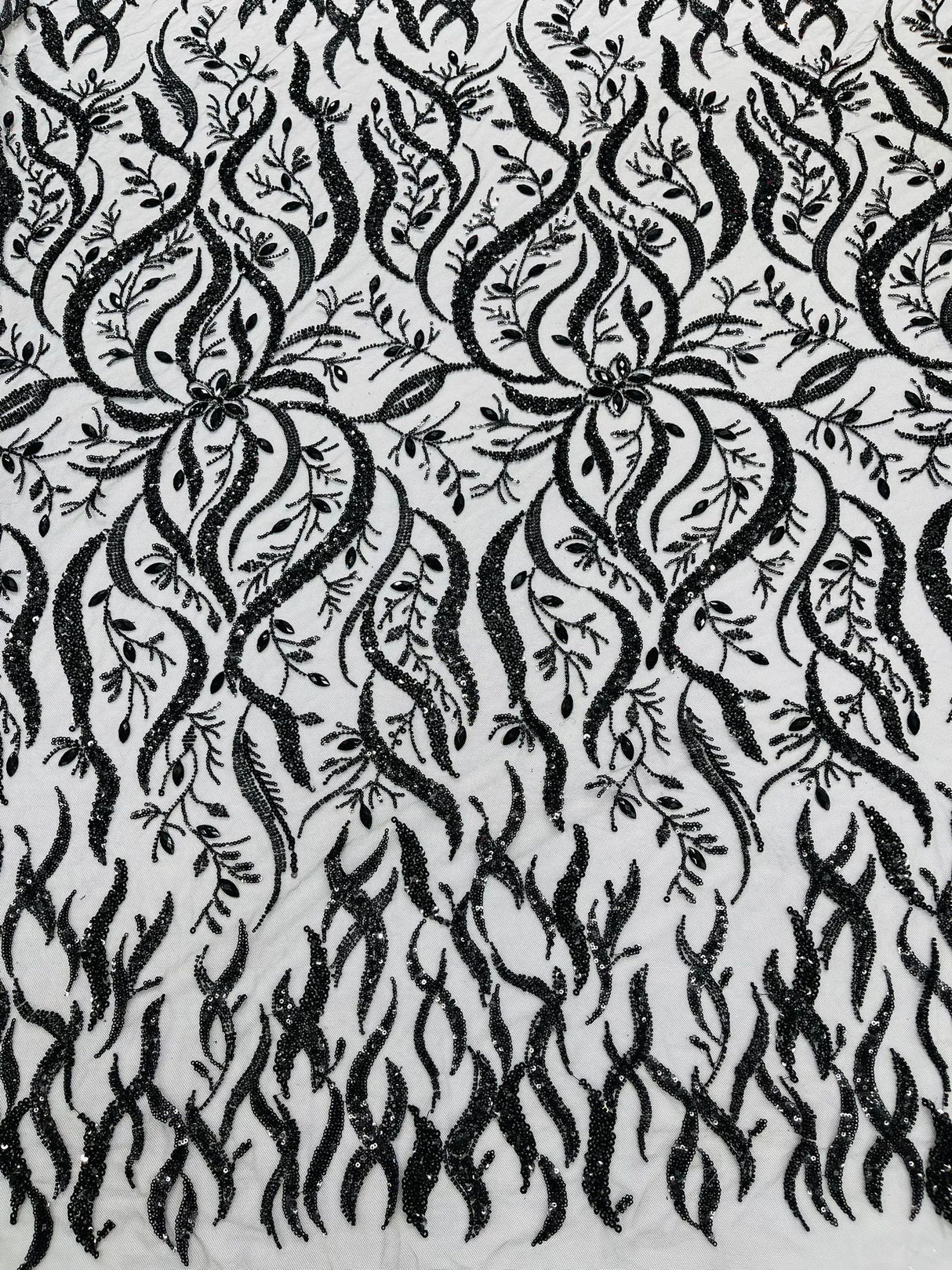 Jewel Vine Beaded Lace Polyester Fabric - Hand Beaded Vine Pattern, 54" Width (1 Yard)