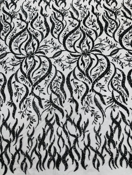 Jewel Vine Beaded Lace Polyester Fabric - Hand Beaded Vine Pattern, 54" Width (1 Yard)