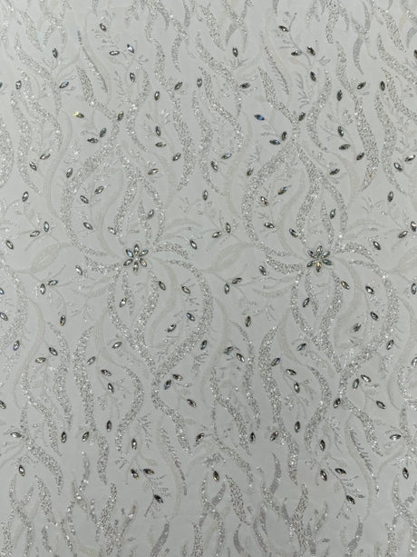 Jewel Vine Beaded Lace Polyester Fabric - Hand Beaded Vine Pattern, 54" Width (1 Yard)