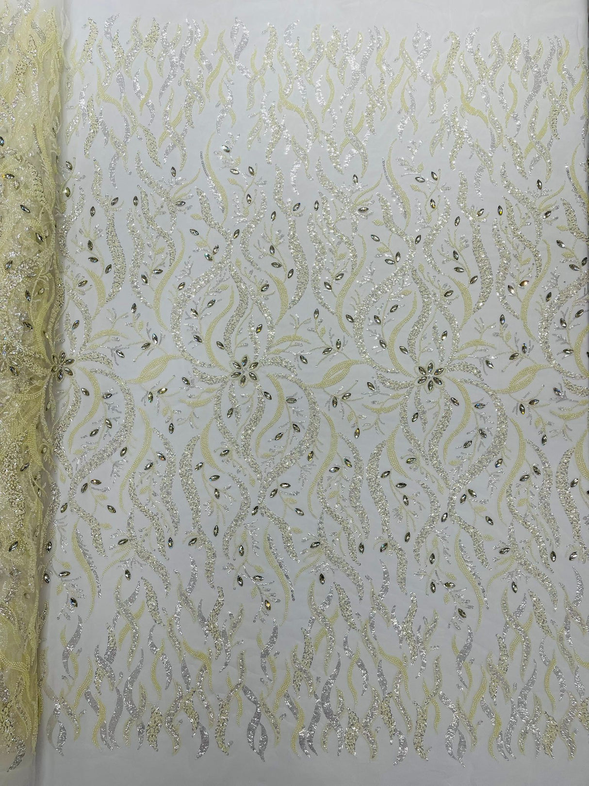 Jewel Vine Beaded Lace Polyester Fabric - Hand Beaded Vine Pattern, 54" Width (1 Yard)
