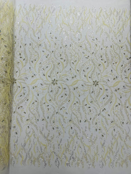 Jewel Vine Beaded Lace Polyester Fabric - Hand Beaded Vine Pattern, 54" Width (1 Yard)