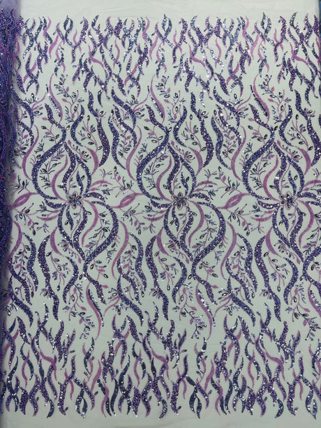 Jewel Vine Beaded Lace Polyester Fabric - Hand Beaded Vine Pattern, 54" Width (1 Yard)