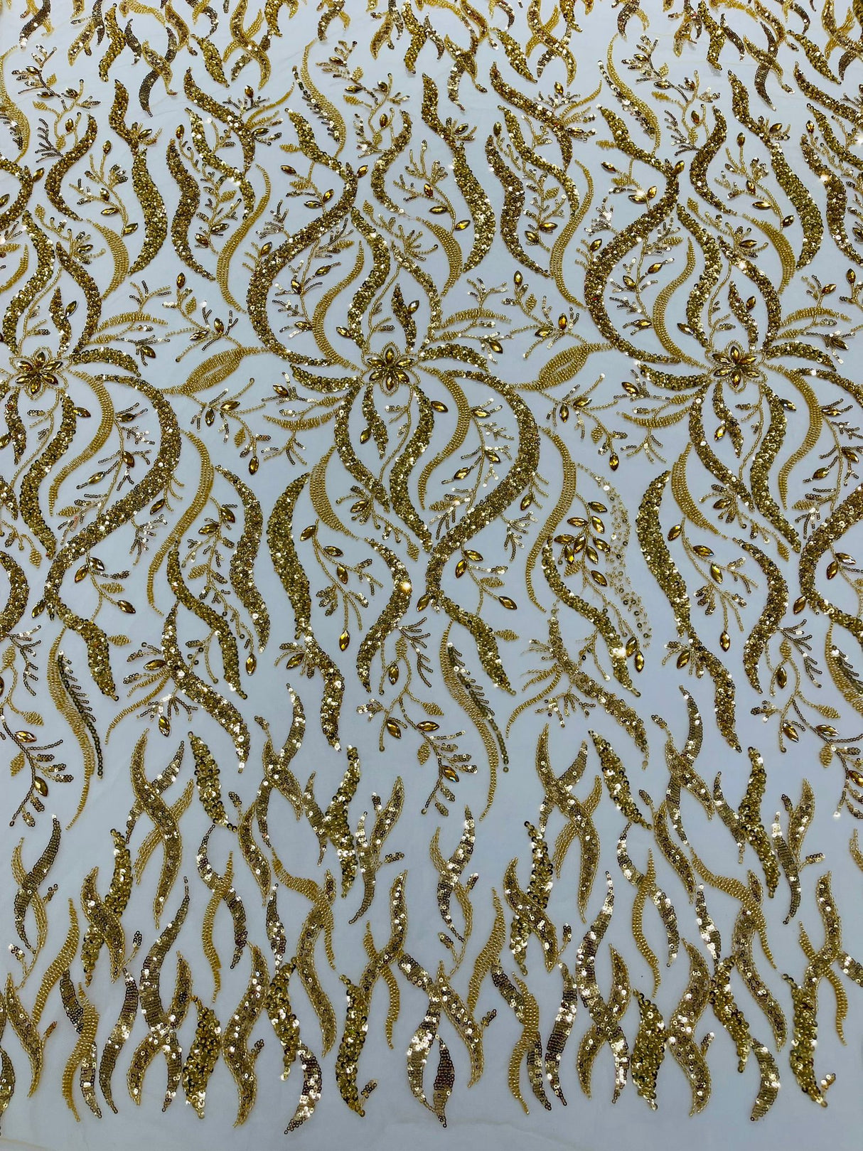 Jewel Vine Beaded Lace Polyester Fabric - Hand Beaded Vine Pattern, 54" Width (1 Yard)