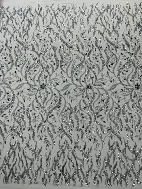 Jewel Vine Beaded Lace Polyester Fabric - Hand Beaded Vine Pattern, 54" Width (1 Yard)