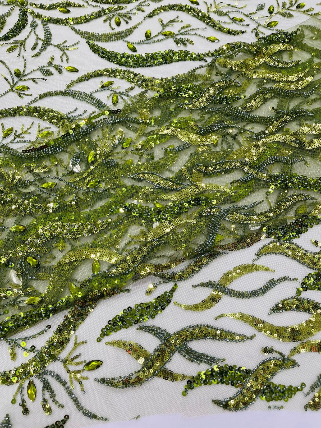 Jewel Vine Beaded Lace Polyester Fabric - Hand Beaded Vine Pattern, 54" Width (1 Yard)