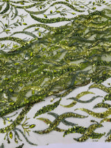 Jewel Vine Beaded Lace Polyester Fabric - Hand Beaded Vine Pattern, 54" Width (1 Yard)