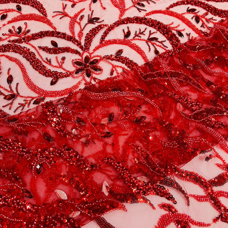 Jewel Vine Beaded Lace Polyester Fabric - Hand Beaded Vine Pattern, 54" Width (1 Yard)