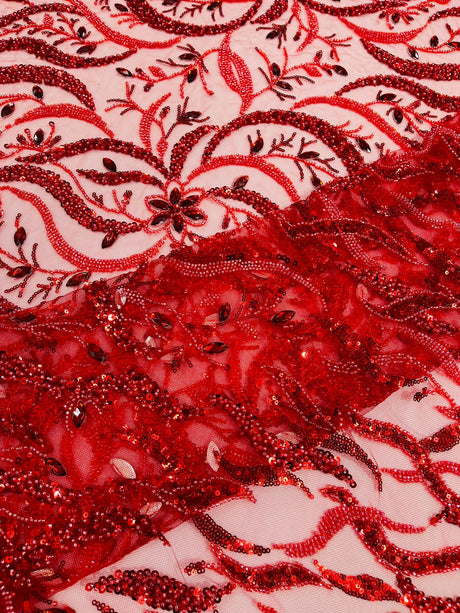 Jewel Vine Beaded Lace Polyester Fabric - Hand Beaded Vine Pattern, 54" Width (1 Yard)