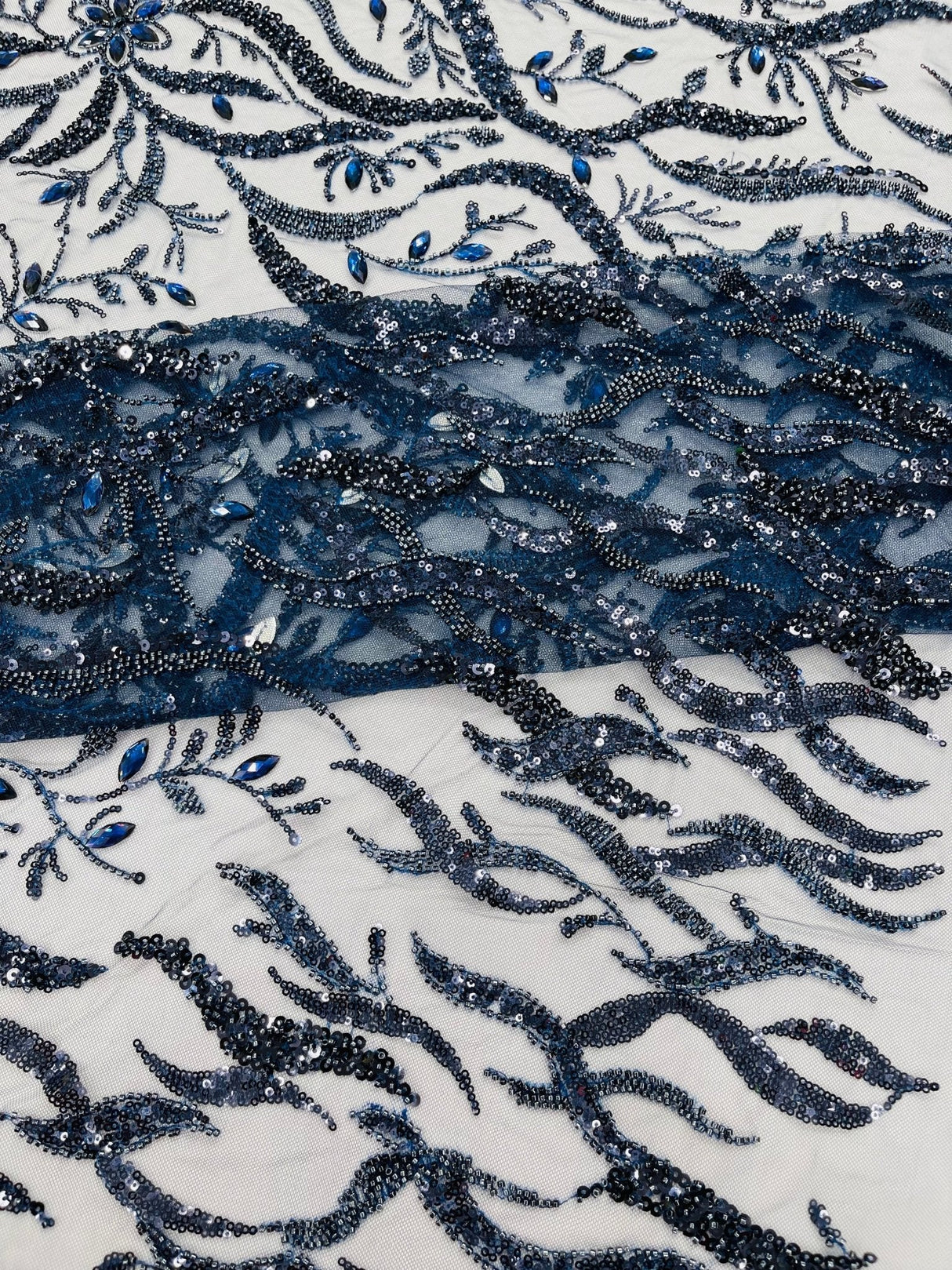 Jewel Vine Beaded Lace Polyester Fabric - Hand Beaded Vine Pattern, 54" Width (1 Yard)