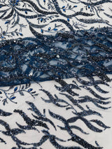 Jewel Vine Beaded Lace Polyester Fabric - Hand Beaded Vine Pattern, 54" Width (1 Yard)