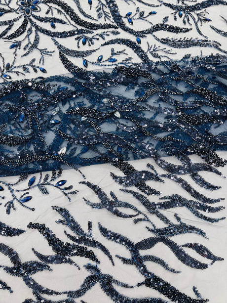 Jewel Vine Beaded Lace Polyester Fabric - Hand Beaded Vine Pattern, 54" Width (1 Yard)