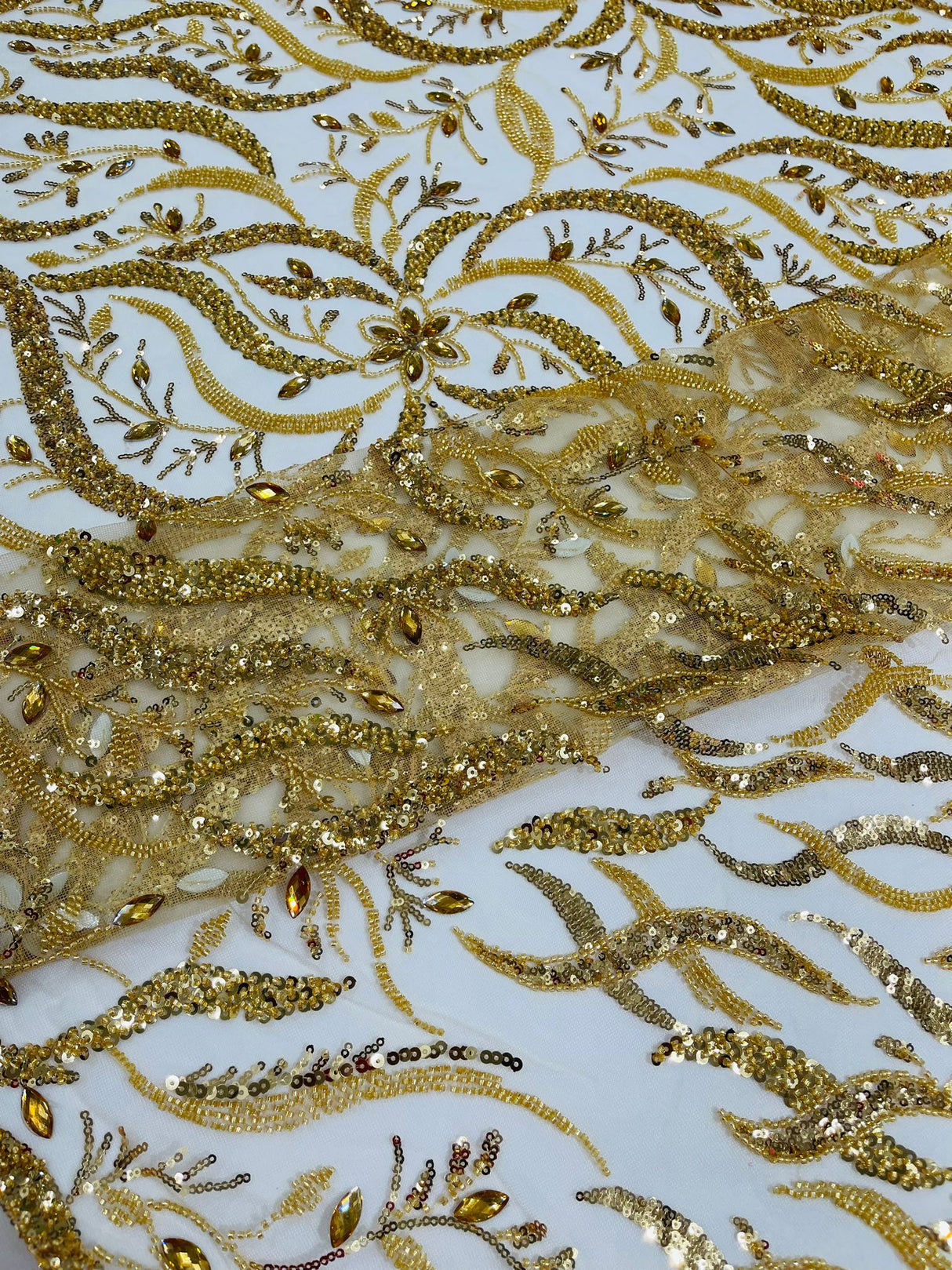 Jewel Vine Beaded Lace Polyester Fabric - Hand Beaded Vine Pattern, 54" Width (1 Yard)