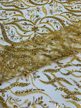 Jewel Vine Beaded Lace Polyester Fabric - Hand Beaded Vine Pattern, 54" Width (1 Yard)