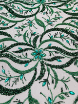 Jewel Vine Beaded Lace Polyester Fabric - Hand Beaded Vine Pattern, 54" Width (1 Yard)
